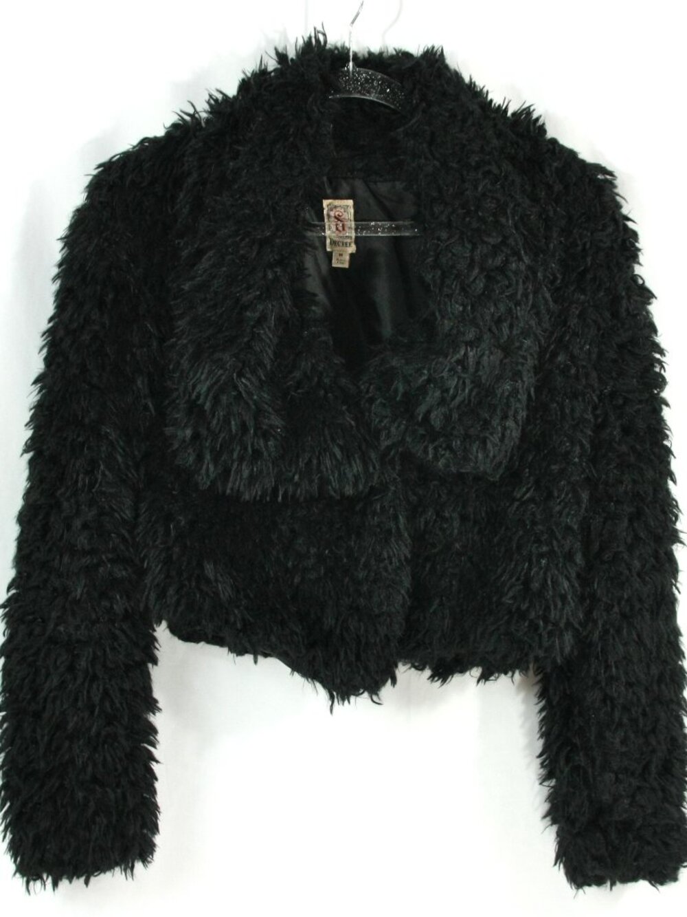 Decree Black Faux Fur Furry Cropped Two Button Shawl Collar Jacket Coat M